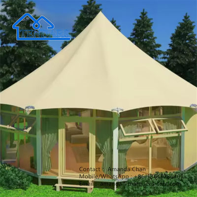 Mua Tùy chỉnh Cắm trại ngoài trời Canvas Glass Wall Lodge Polygon Tent With Bathroom online manufacture