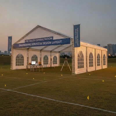 Tư vấn trước khi bán hàng Bên Marquee Lều dịch vụ kỹ thuật Khảo sát địa điểm Bố cục thiết kế Hỗ trợ dự án Châu Âu Cấu trúc tán