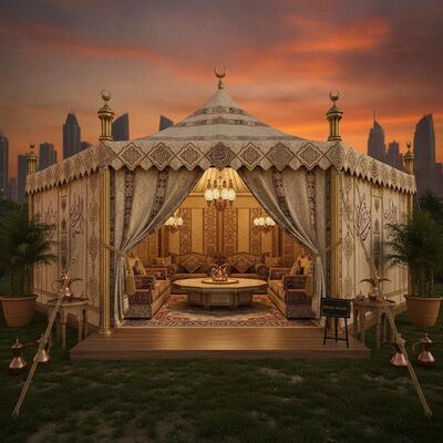 Royal Majlis Style Arab Hospitality Reception Marquee Tent Premium Sản phẩm thủ công hoàn thiện cho các cuộc họp kinh doanh VIP của UAE